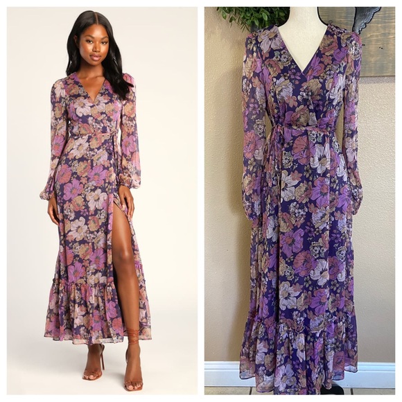 NWOT Lulus Feeling Sweet Purple Floral Print Long Sleeve Wrap Maxi Dress - Picture 7 of 12